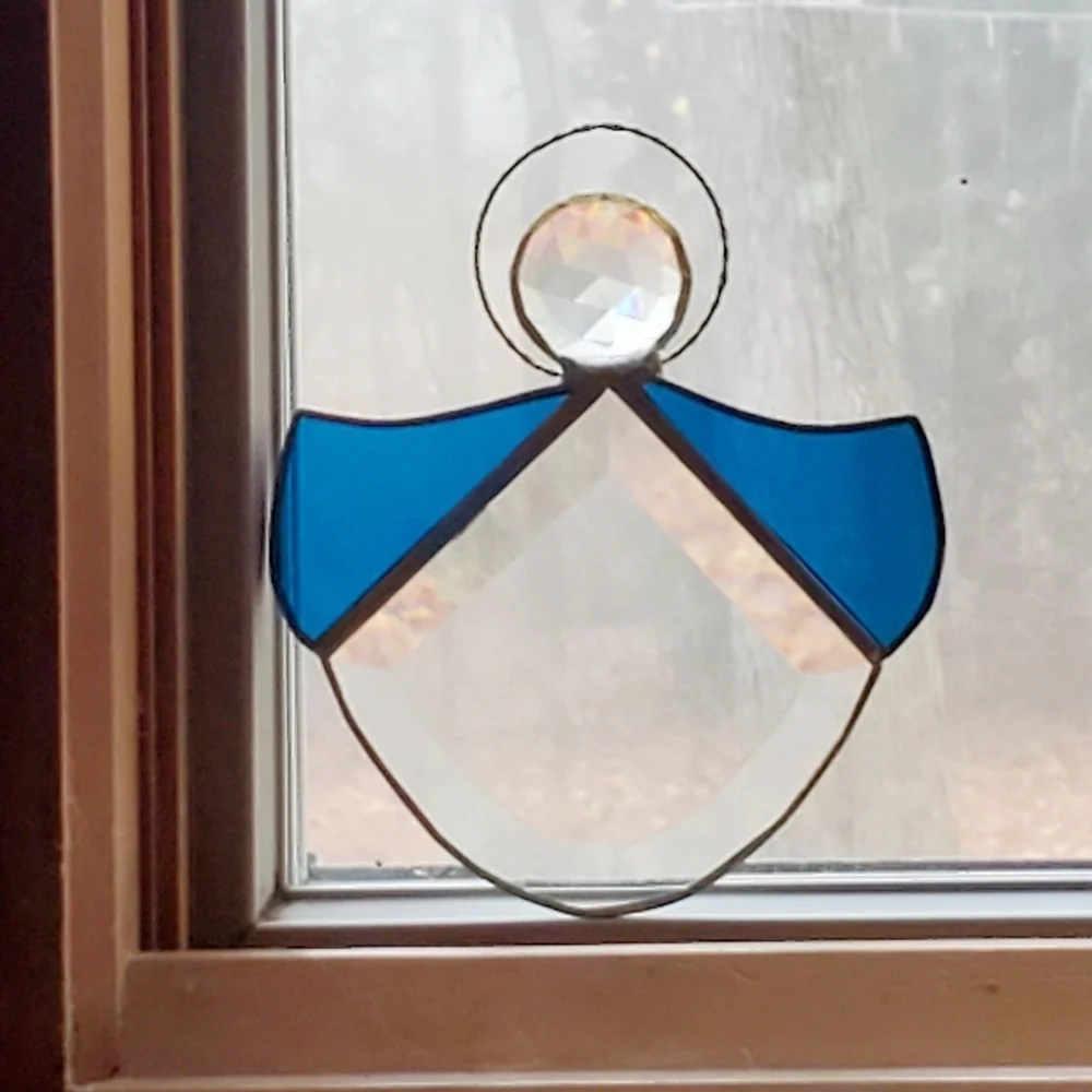 VINTAGE STAINED GLASS Guardian Angel Suncatcher with Beveled Edge Hand Soldered